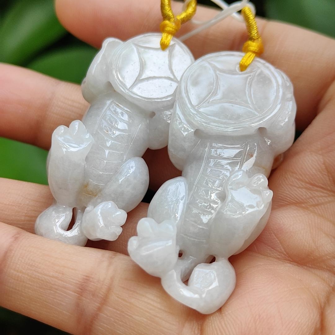 Sales - High Quality Pair of White, Yellow Natural Type A Jadeite Jade crafted as Pixiu for Pendant, certificate weighs 24.25 / 19.87 grams, measurements 50 * 21.3 * 14.1 / 47 * 20.6 * 13.6 mm (pendant292) Yi Pin Qian