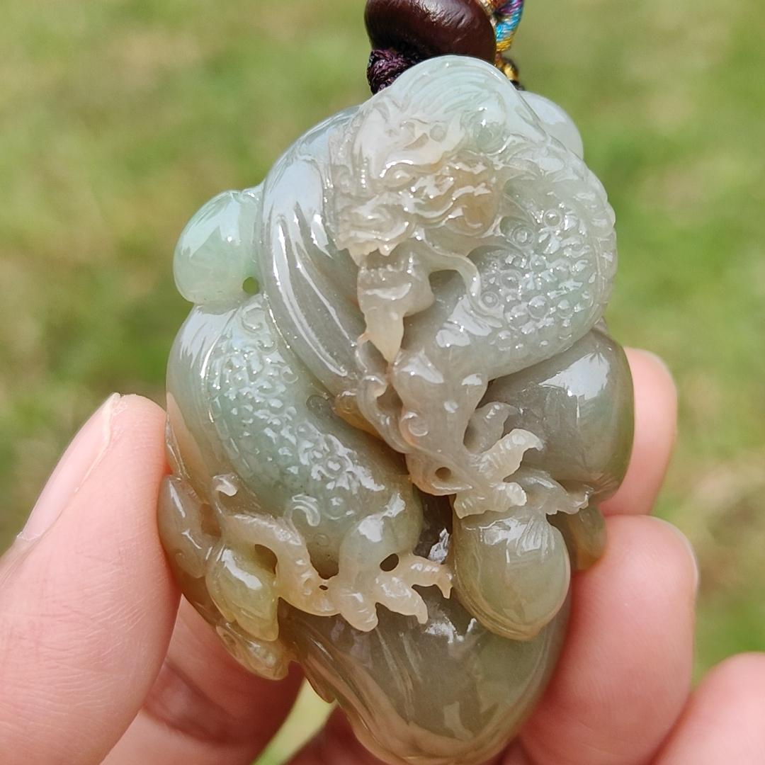 Reddish, Yellow and Green Natural Type A Jadeite Jade Pendant Necklace Crafted with Dragon and Ruyi with certificate weigh 40.57 grams, measurement 53.6 * 34.8 * 15 mm, symbols of Good luck, happiness and health (pendant189) Yi Pin Qian