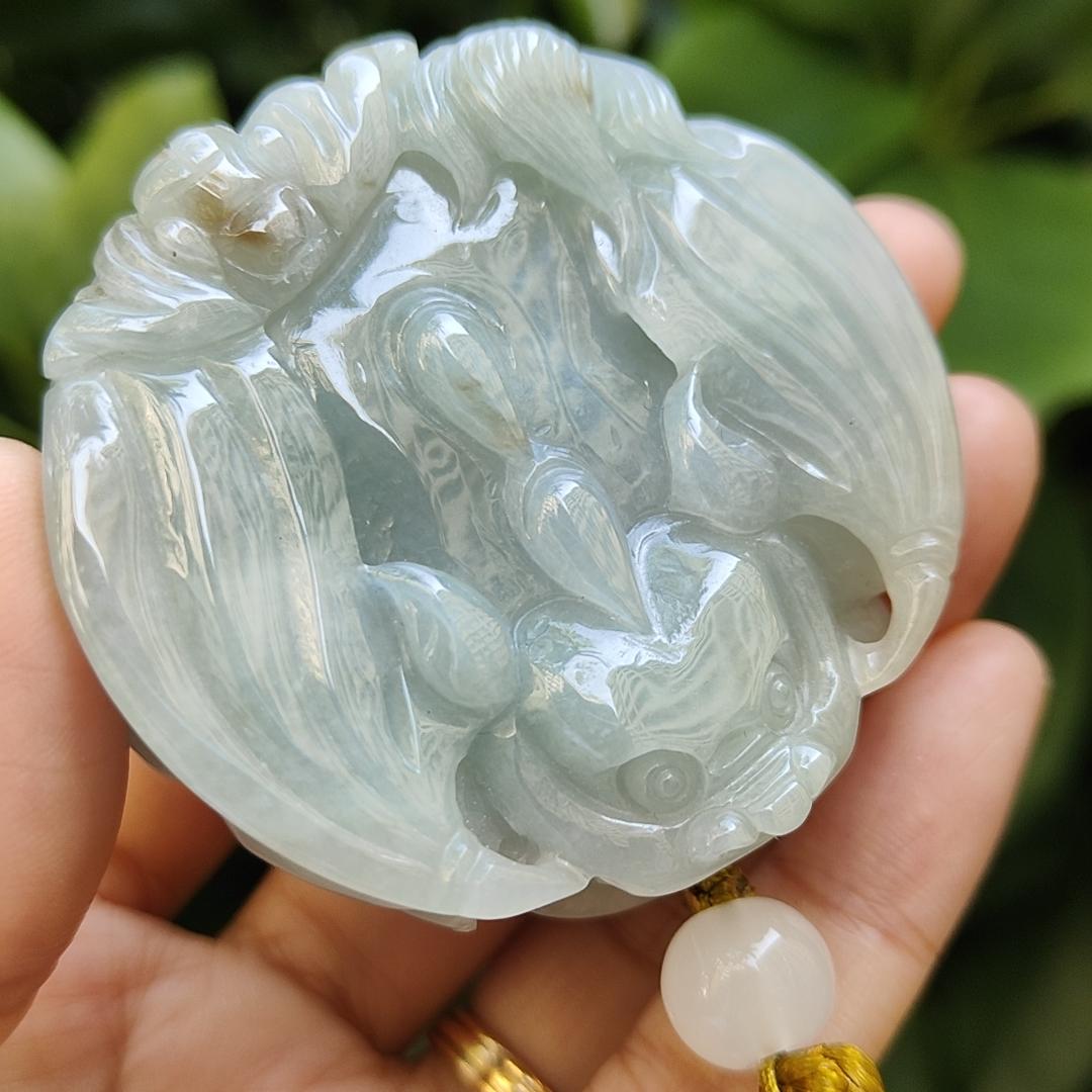 High Quality Light Green Hue with Yellow Patches Natural Type A Jadeite Jade crafted as the flying pixiu as Pendant, certificate weighs 85.45 grams, measurement 54 * 54.6 * 14.6 mm (pendant312) Yi Pin Qian Jadeites Jade Jewelry ~Your Precious Quintessential ~ Singapore