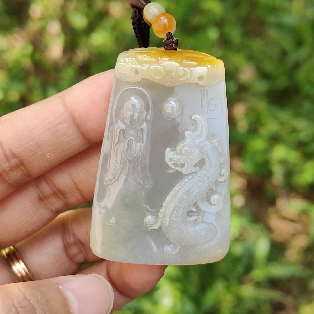 Rare Yellow and white Glutinous Natural Type A Jadeite Pendant Necklace crafted with faceless buddha and dragon olc school style with certificate weigh 37.61 grams, 51 * 33.2 * 10 mm (pendant101) Yi Pin Qian