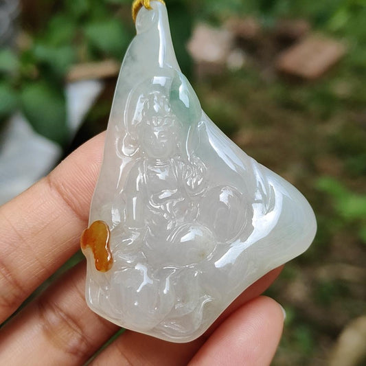 Unique Yellow and Green Natural Type A Jadeite Jade crafted with Guanyin as Pendant Necklace Jewellery with certificate weigh 23.54 grams, measurement 57.3 * 39.3 * 7.5 mm (pendant205) Yi Pin Qian