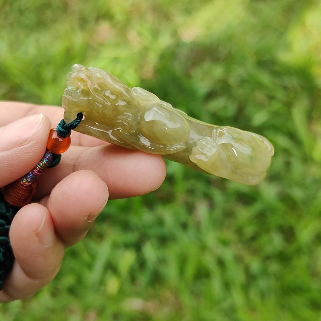 Premium Yellow Natural Type A Jadeite Pendant Necklace Crafted as Pixiu with Ruyi and Coin, certificate included weigh 39.48 grams, measurement 56.8 * 28.8 * 13 mm, suitable for daily wear and collectible (pendant41) Yi Pin Qian