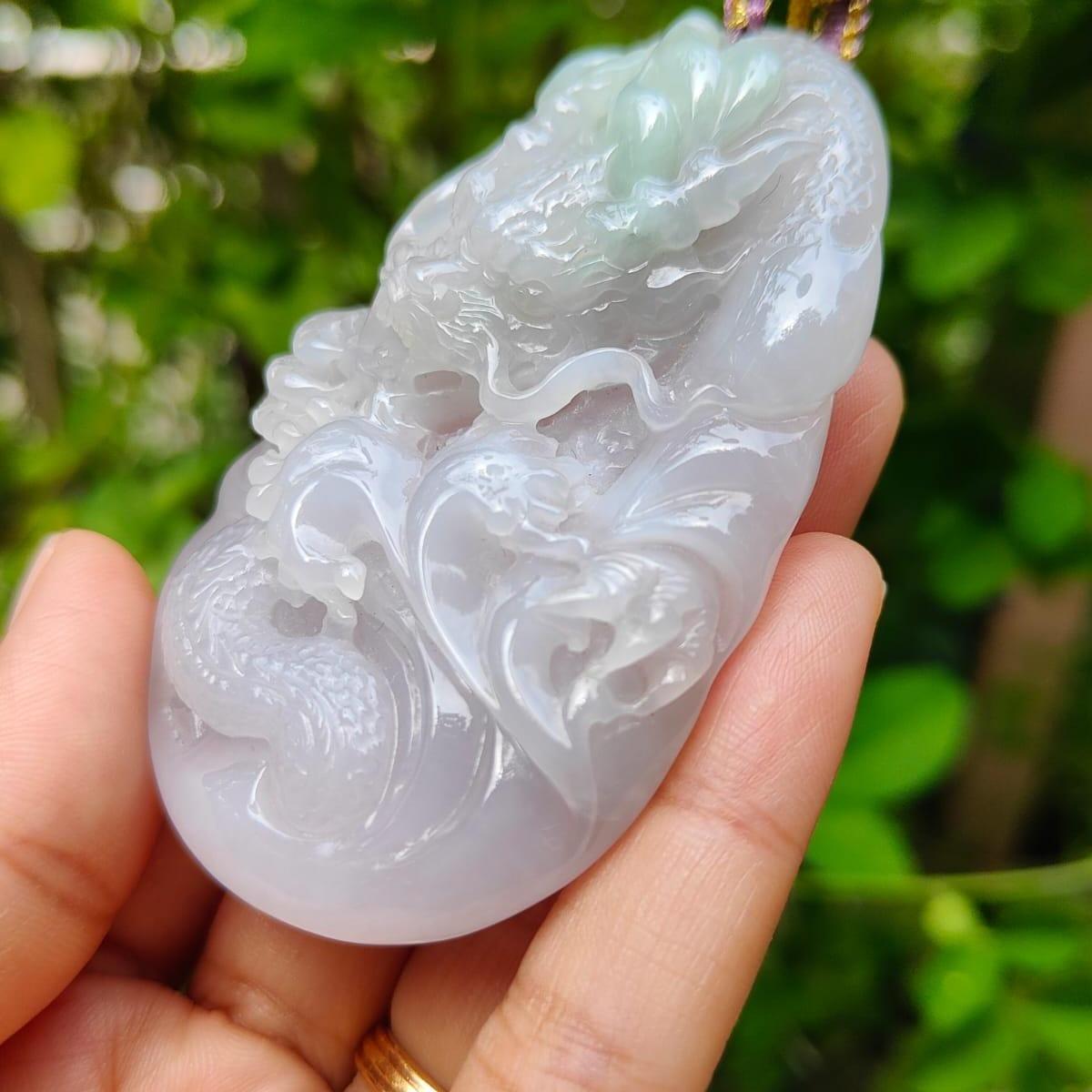 Hugh Dragon #2 Crafted on Natural Type A Jadeite Jade as Pendant, certificate weighs 88.3 grams, measurement 74 * 44.2 * 17 mm (pendant365)