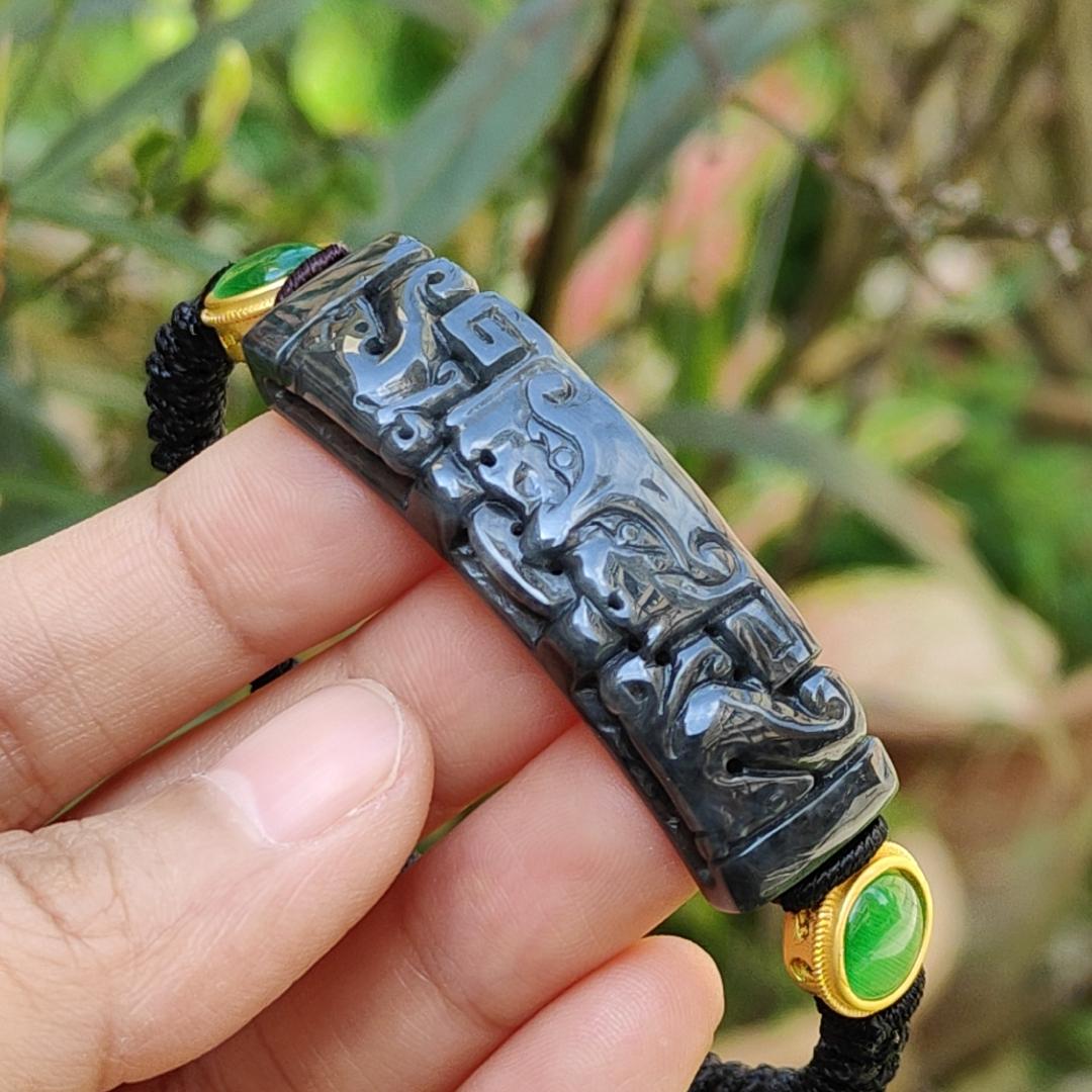 Wuji Black Natural Type A Jadeite Bracelet crafted with Tao Tie, symbols of Power and abundance and Money, with certificate weigh, mm 11.17 grams, 48.8 * 13.3 * 6.9 (bracelet7) Yi Pin Qian