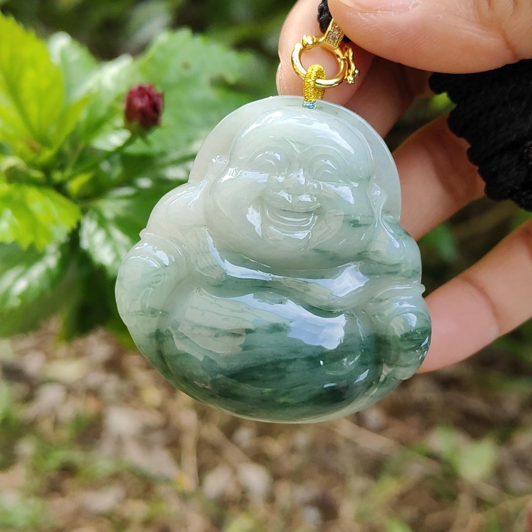 Rare, Hugh, Old Mine Translucent Floating bluish green patches Natural Type A Jadeite Pendant carved as Milo Buddha weight 232.82 grams, 52.83 * 51.18 * 12.18 mm, fine grain crystal aggregate suitable for daily wear with NGI Certificate (pendant143) Yi Pin Qian