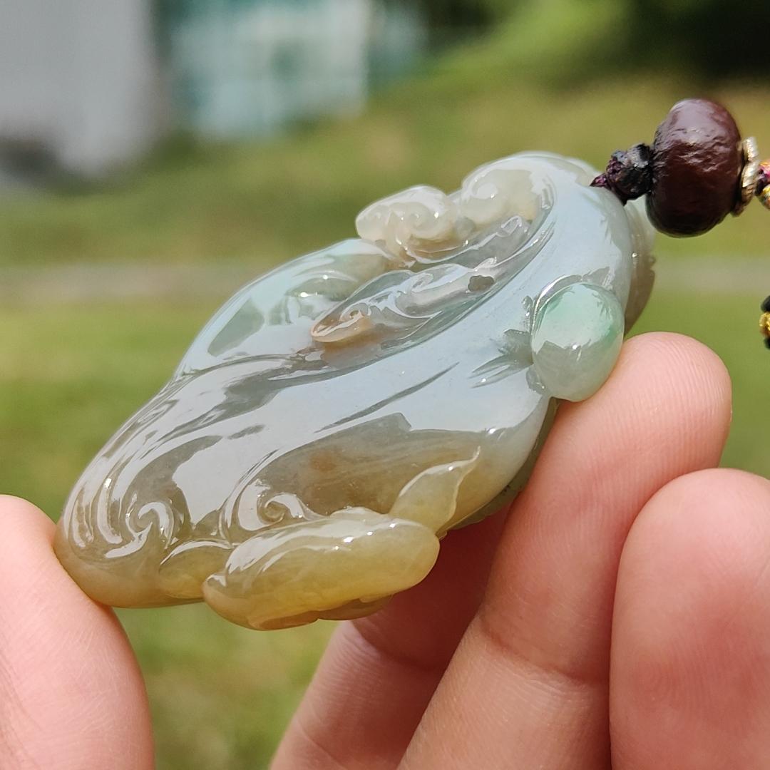 Reddish, Yellow and Green Natural Type A Jadeite Jade Pendant Necklace Crafted with Dragon and Ruyi with certificate weigh 40.57 grams, measurement 53.6 * 34.8 * 15 mm, symbols of Good luck, happiness and health (pendant189) Yi Pin Qian
