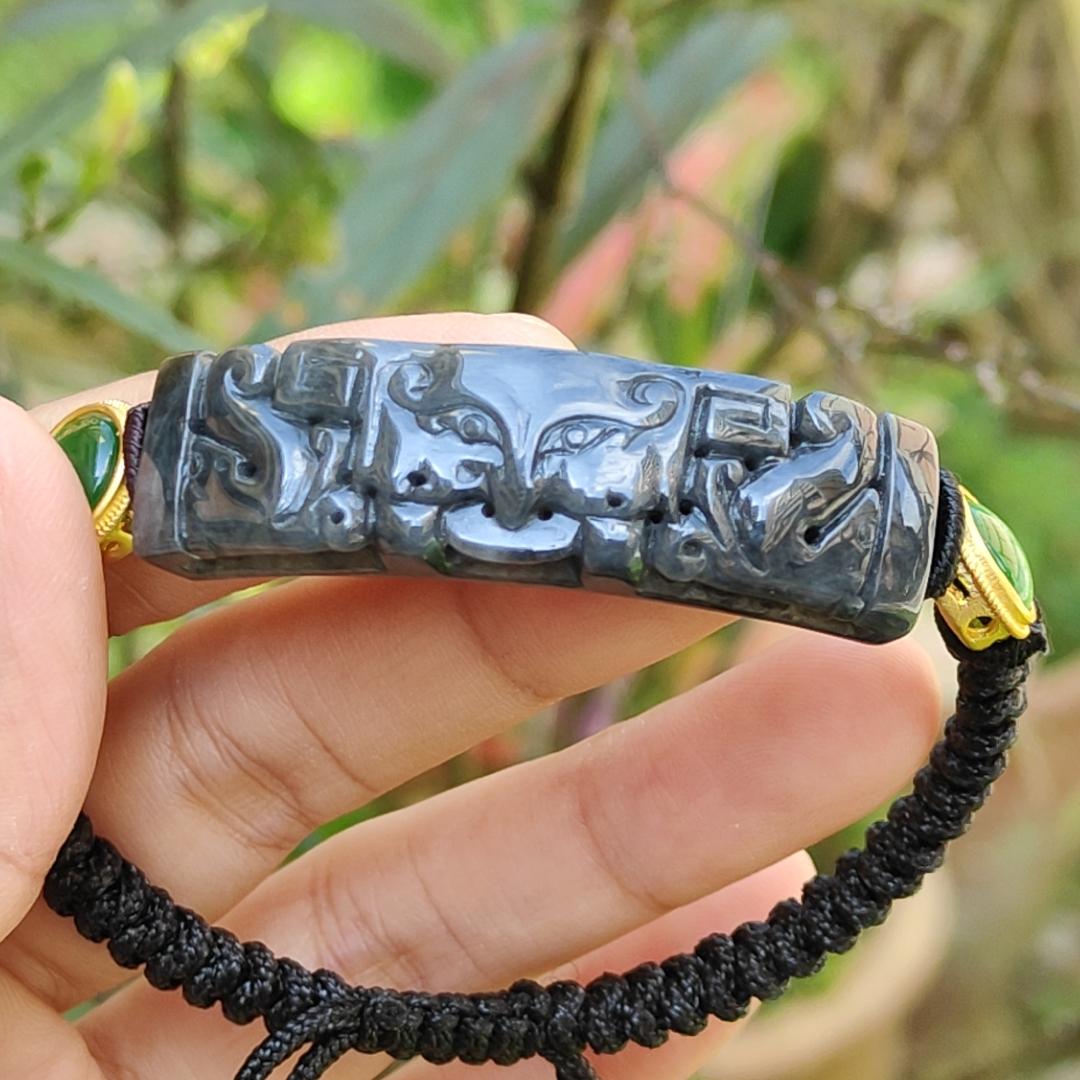 Wuji Black Natural Type A Jadeite Bracelet crafted with Tao Tie, symbols of Power and abundance and Money, with certificate weigh, mm 11.17 grams, 48.8 * 13.3 * 6.9 (bracelet7) Yi Pin Qian