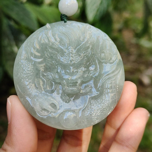 Premium Full Light Green Natural Type A Jadeite Jade Pendant Necklace crafted with Dragon with good glossy shines, certificate included weigh 77.81 grams, 55.5 * 55.5 * 13.8 mm (pendant169) Yi Pin Qian