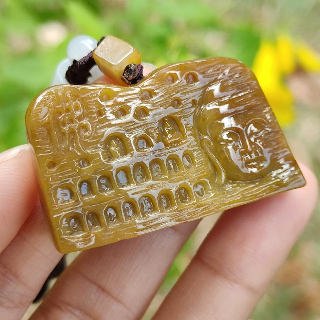 Special Price - Unique Rare Crafted with Mogao Caves on Brown Natural Type A Jadeite Jade as Pendant, certificate weighs 23.9 grams, measurement 23.1 * 41.5 * 13 mm (pendant287) Yi Pin Qian