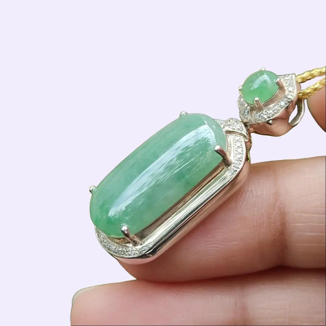 High Quality Rare Green Cabochons on Natural Type A Jadeite Jade set with S925 as Pendant, certificate weighs 5.44 grams, measurement 34.2 * 13.3 * 9.1 mm (s925p4) Yi Pin Qian Jadeites Jade Jewelry ~Your Precious Quintessential ~ Singapore