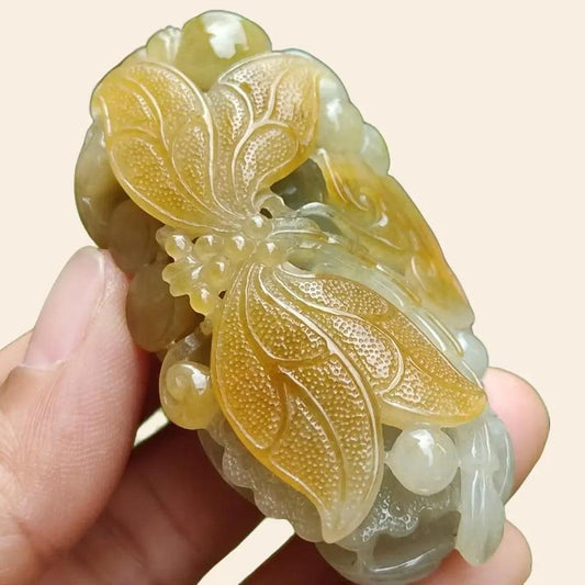 Super Rare High Quality Light Green and Yellow Natural Type A Jadeite Jade crafted with Dragonfly and Ruyi as Pendant, certificate weighs 60.60 grams, measurement 60 * 32.1 * 22.3 mm (pendant260) Yi Pin Qian