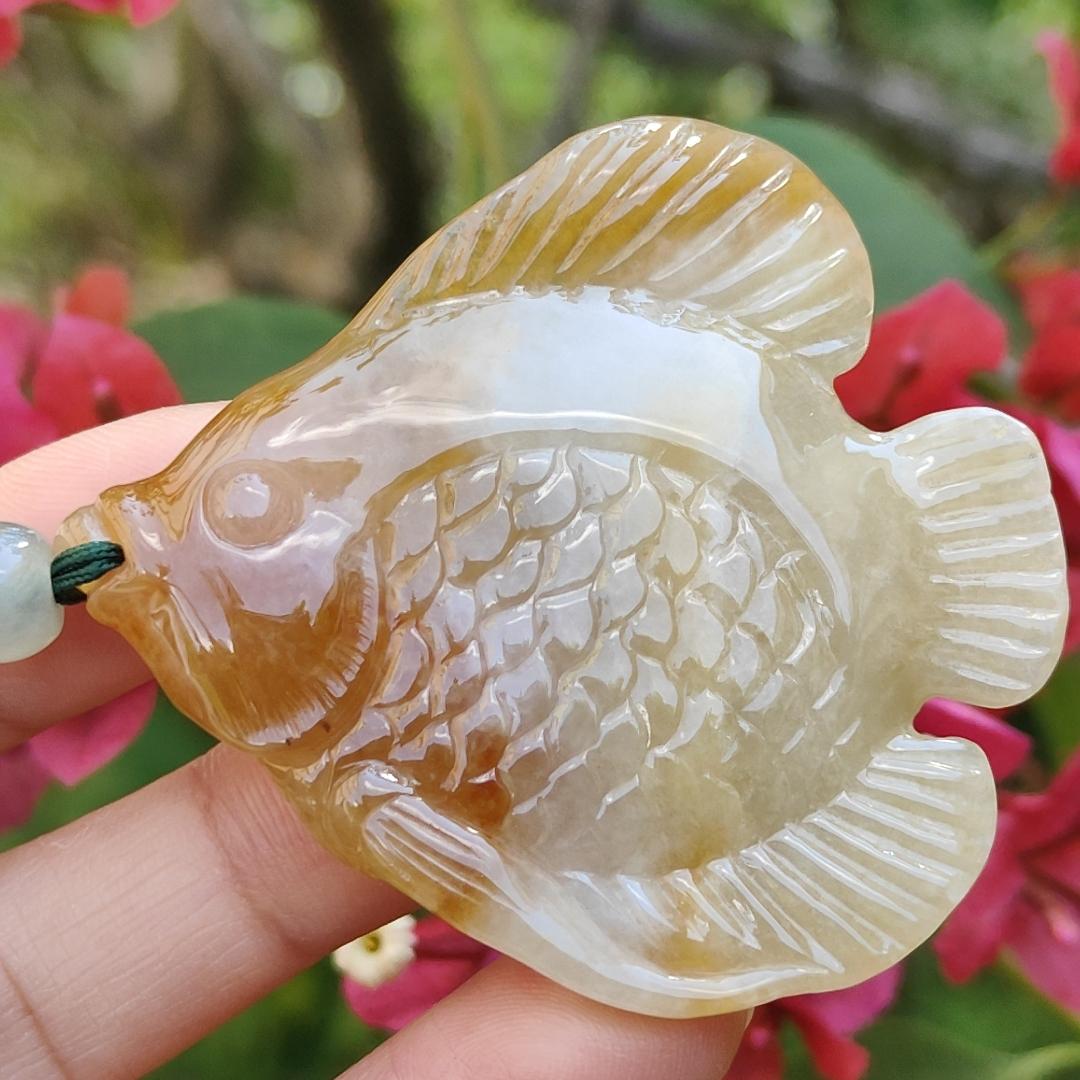 Yellow Natural Type A Jadeite Pendant carved as Fish with certificate weigh 28.33 grams, 55 * 50.2 * 7 mm, meaning Many sons and many blessings, full of children and grandchildren and Life is harmonious and smooth,free from worries and sorrows (pendant77) Yi Pin Qian