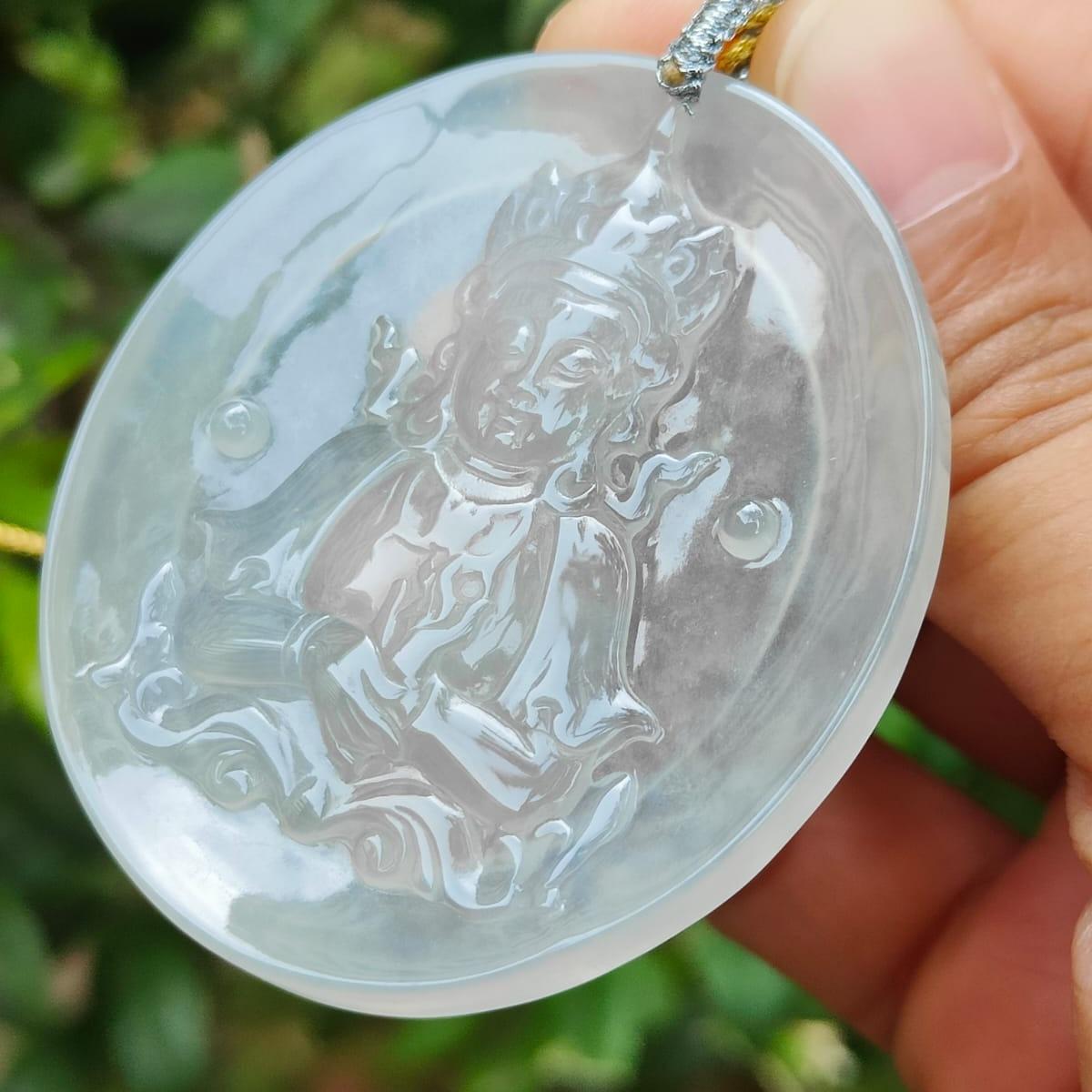 Super Rare ~ Old Collection #2 ~ Crafted as Guanyin Pendant on High Translucent Natural Type A Jadeite Jade certificate weighs 24.35 grams, measurement 52.3 * 46.3 * 4.3 mm (pendant363)