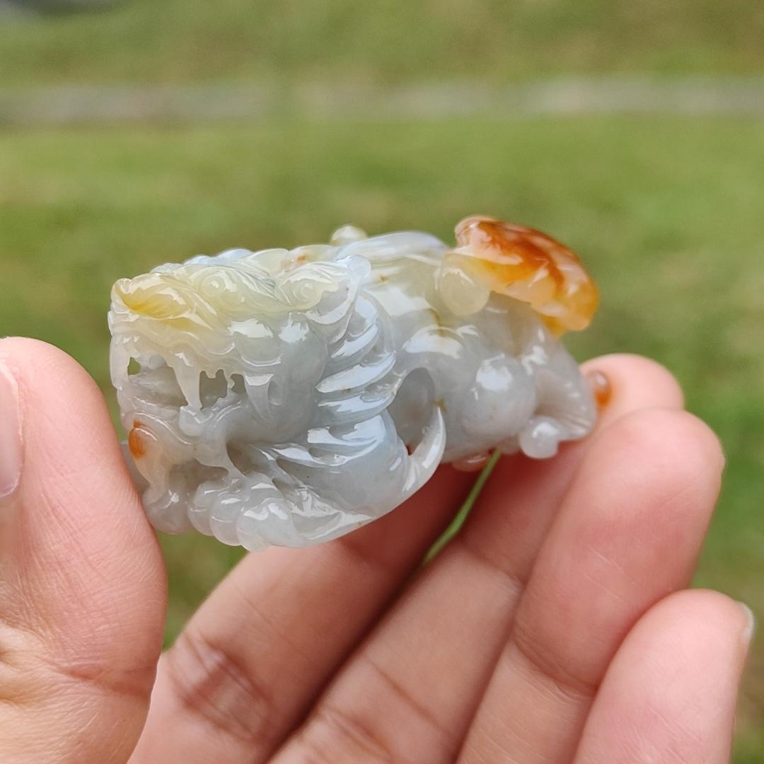 Super Rare Reddish,Yellow abd Tea Green Premium Quality Natural Type A Jadeite Jade crafted with Pixiu as Pendant with certificate weigh 34.14 grams, measurement 45.2 * 19.5 * 22.1 mm (pendant221) Yi Pin Qian
