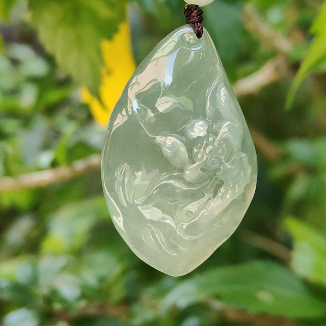 Quality Semi Icy Full Oil Green Natural Type A Jadeite Jade Pendant Necklace crafted with Lotus, certificate included weigh 12.07 grams, measurement 41.3 * 27 * 11 mm (pendant182) Yi Pin Qian