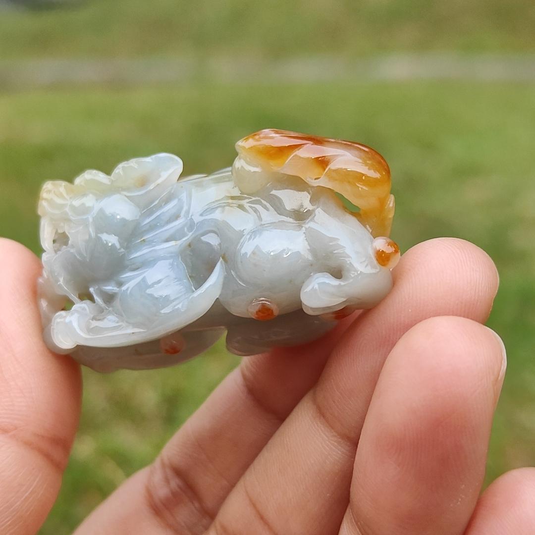 Super Rare Reddish,Yellow abd Tea Green Premium Quality Natural Type A Jadeite Jade crafted with Pixiu as Pendant with certificate weigh 34.14 grams, measurement 45.2 * 19.5 * 22.1 mm (pendant221) Yi Pin Qian