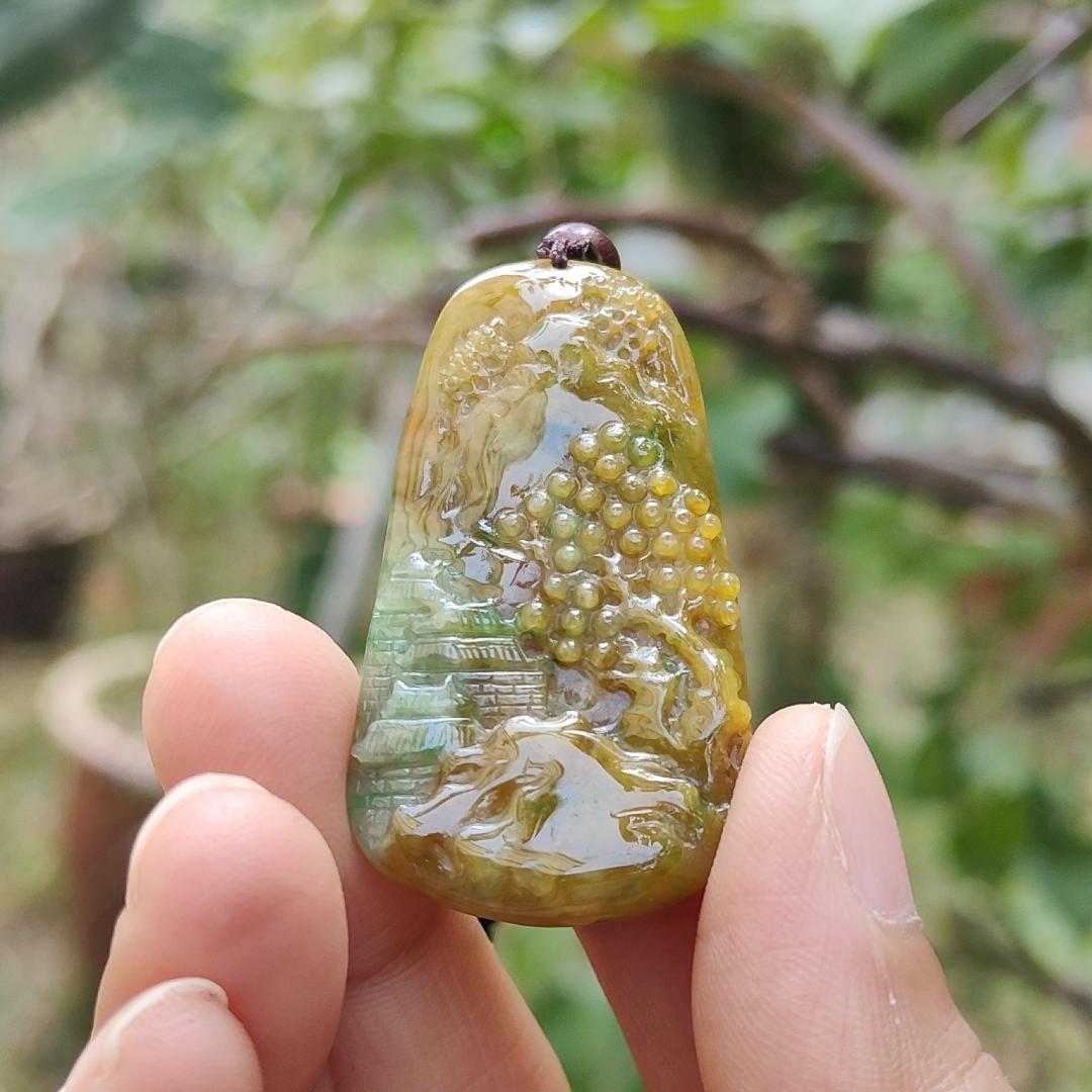 Rare quality Yellow with reddish brown and green Natural Type A Jadeite Jade crafted with sceneries as pendant, certificate weigh 11.38 grams, measurement 45.6 * 24.3 * 5.2 mm (pendant216) Yi Pin Qian