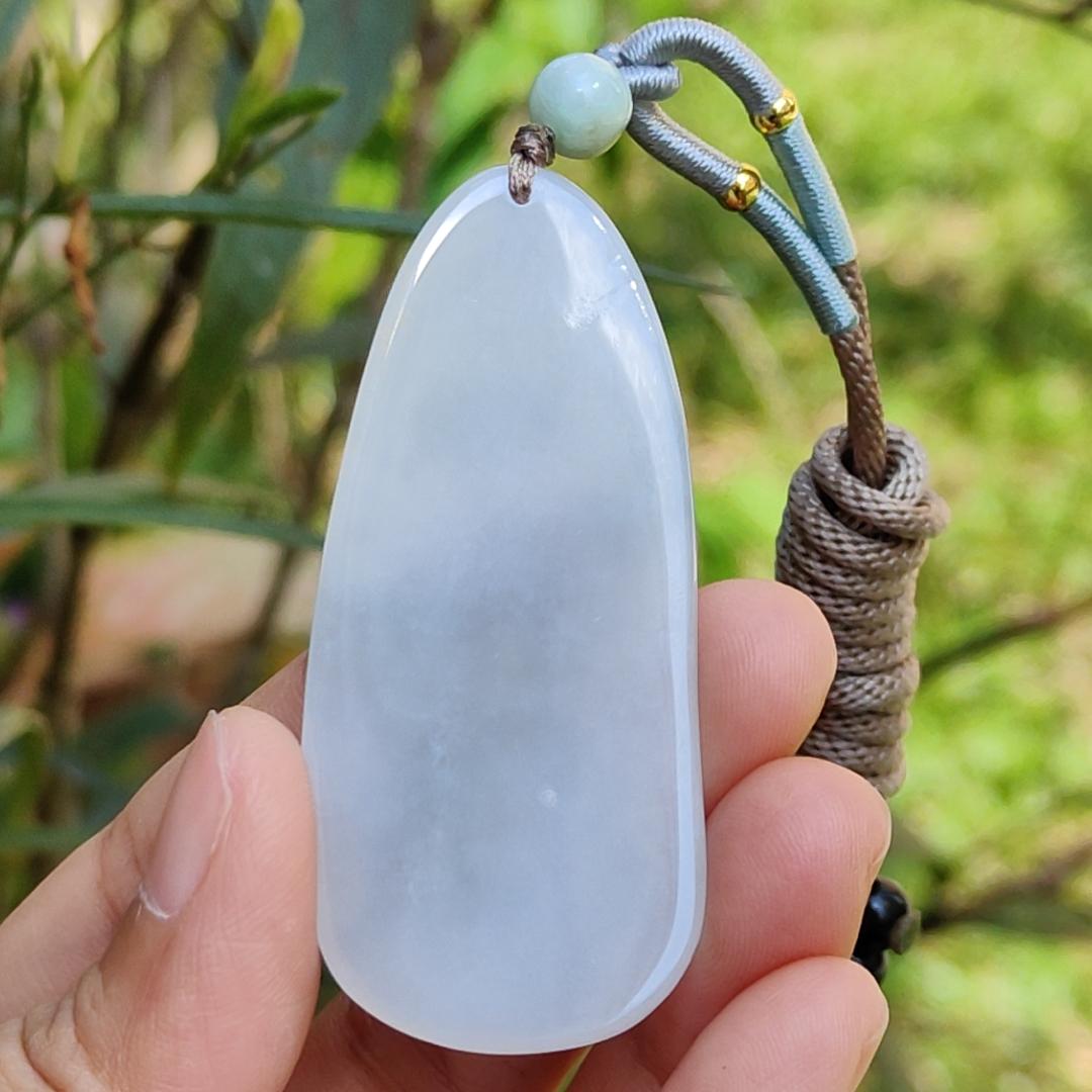 Crafted as the faceless buddha Semi Icy Natural Type A Jadeite Pendant Necklace with certificate weigh 14.03 grams, 58 * 26 * 4.9 mm, suitable for daily wear Yi Pin Qian