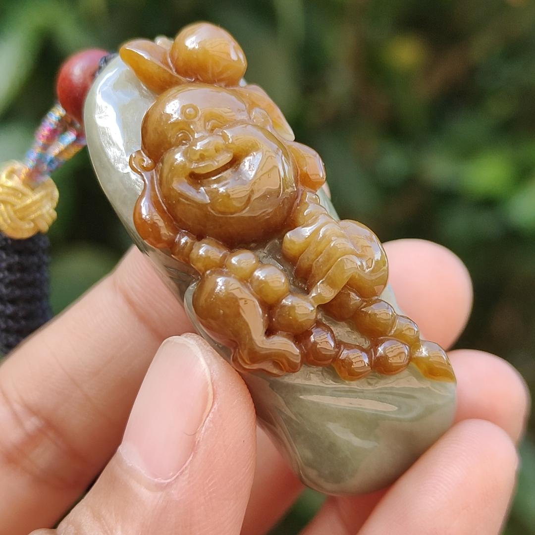 Very Rare Good Quality Reddish Yellow and Light Green Natural Type A Jadeite Jade crafted with Milo Buddha as Pendant with certificate weigh 37.43 grams, measurement 50 * 18.5 * 20.3 mm (pendant235) Yi Pin Qian