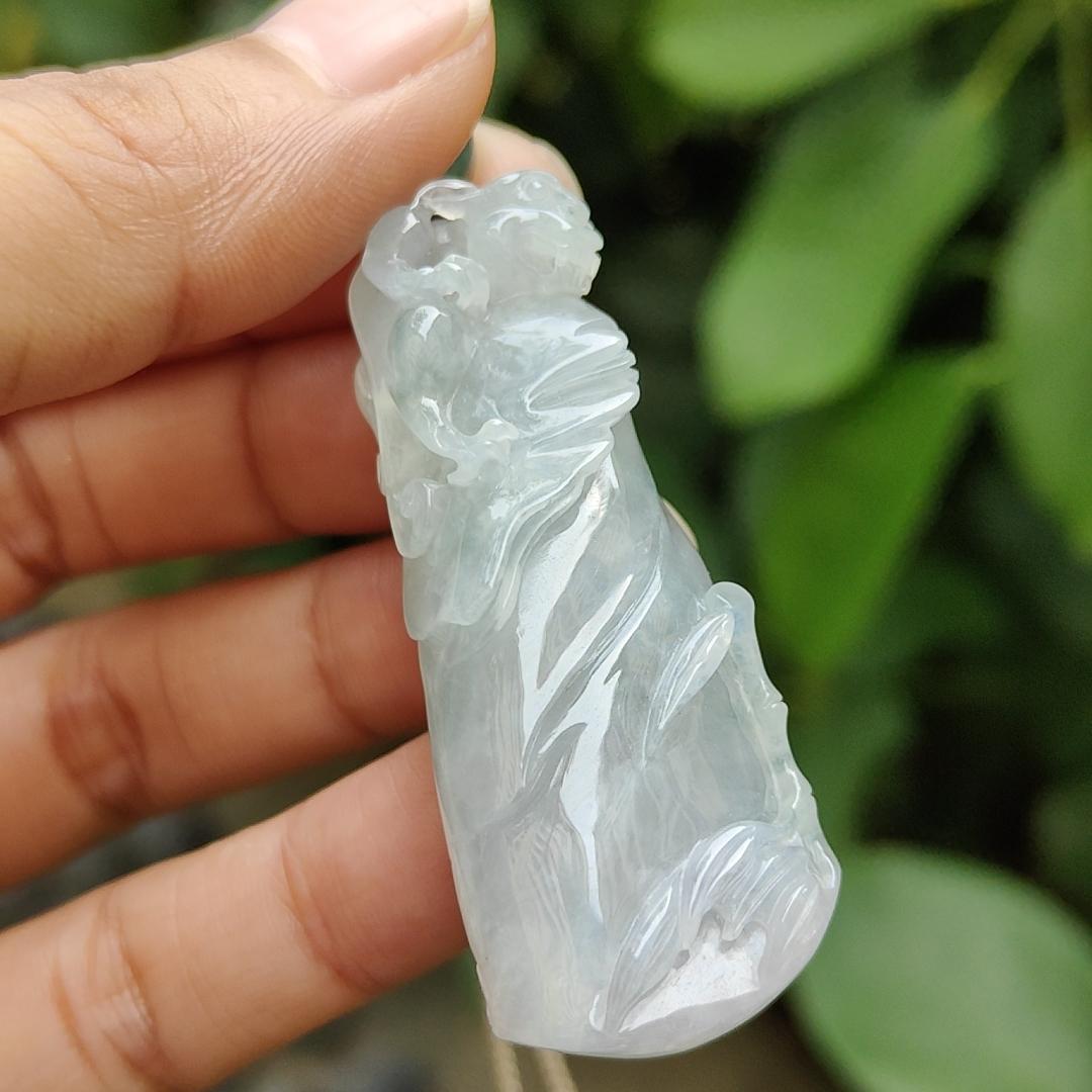 A Bamboo with Pixiu Crafted on Light Green Hue with Light Lavender Natural Type A Burmese Jadeite Jewellery certificate weighs 23.91 grams, measurement 50.3 * 20.6 * 12.8 mm (pendant 318) Yi Pin Qian Jadeites Jade Jewelry ~Your Precious Quintessential ~ Singapore