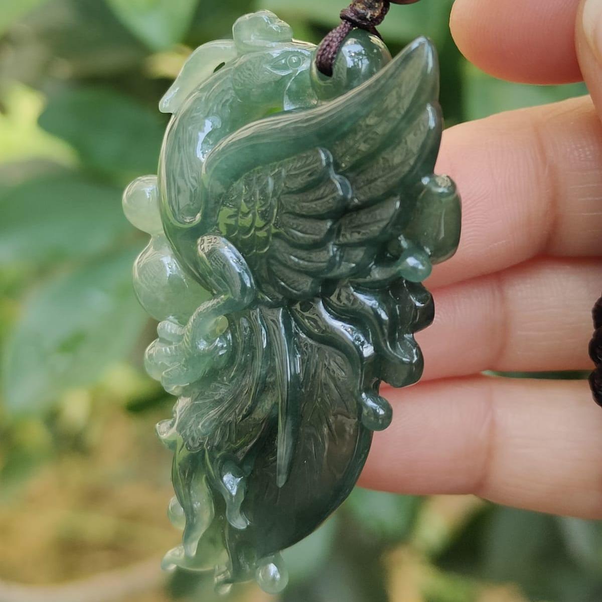 Green High Quality Natural Type A Jadeite Jade New arrival crafted as Phoenix, Pendant, certificate weighs 32.81 grams, measurement 58.6 * 34.5 * 12.3 mm (pendant326) Yi Pin Qian Jadeites Jade Jewelry ~Your Precious Quintessential ~ Singapore