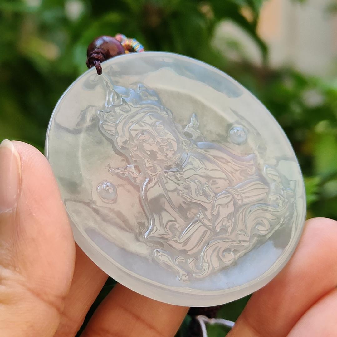 Very Rare High Translucent Icy Natural Type A Jadeite Pendant carved with Guanyin symbolizes compassion, mercy, healing, protection, purity, enlightenment, harmony, balance, and the feminine divine certificate weigh 19.62 g, 52.8 * 46.6 * 5 mm (pendant78) Yi Pin Qian