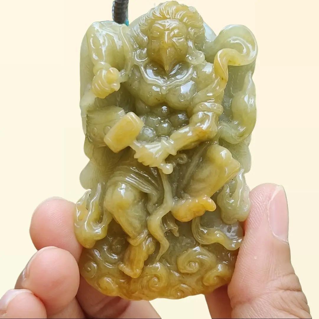 Super Rare Yellow with Light Green Hue Natural Type A Jadeite Jade crafted with shape of Lei Zhenzi as Pendant, certificate weighs 79.58 grams, measurement 69.8 * 42 * 19.5 (pendant257) Yi Pin Qian