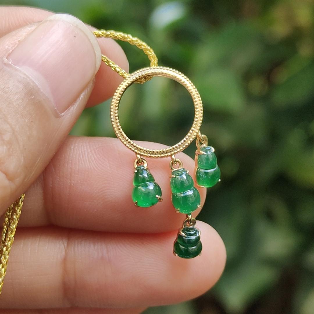 Four Green Gourd Shape Natural Type A Jadeite Jade set with 18k as Pendant, certificate weighs 1.66 grams (18kp93) Yi Pin Qian Jadeites Jade Jewelry ~Your Precious Quintessential ~ Singapore