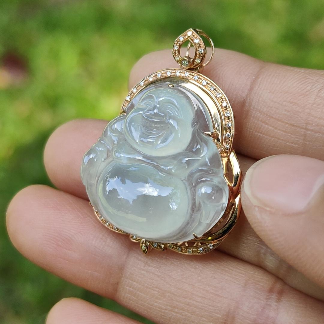 Premium Quality Icy Translucent Natural Type A Jadeite Jade crafted with Milo Buddha Set on 18k Gold as Pendant, certificate weighs 6.48 grams, measurement 34.1 * 26 * 11.6 mm (18kp61) Yi Pin Qian