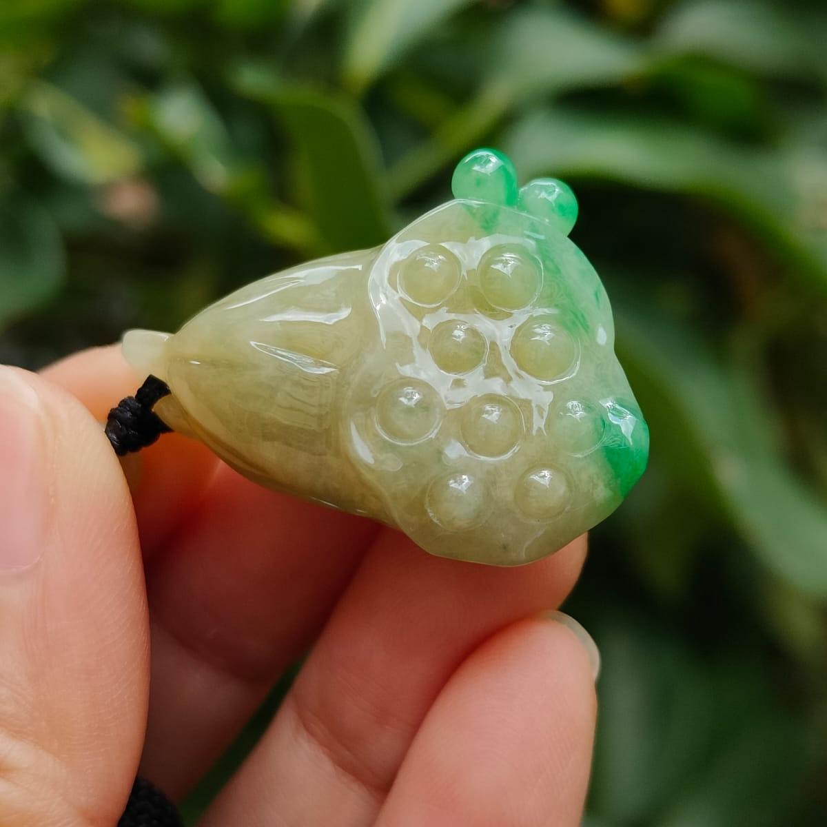 Latest Arrival SG Seller - Yellow and Green Natural Type A Jadeite Jade crafted as lotus seedpod pendant, QIC approved certificate weighs 14.61 grams, measurement 31.3 * 24.2 * 14.1 mm (pendant345) Yi Pin Qian Jadeites Jade Jewelry ~Your Precious Quintessential ~ Singapore
