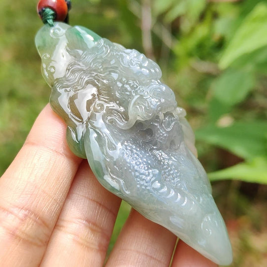 Super Rare Hugh Green and Yellow Natural Type A Jadeite Pendant Necklace Crafted with a Domineering Dragon symbols of Rise step by step, rise rapidly, with certificate weigh 44.19 grams, 77.2 * 37.5 * 15.8 mm (pendant25) Yi Pin Qian