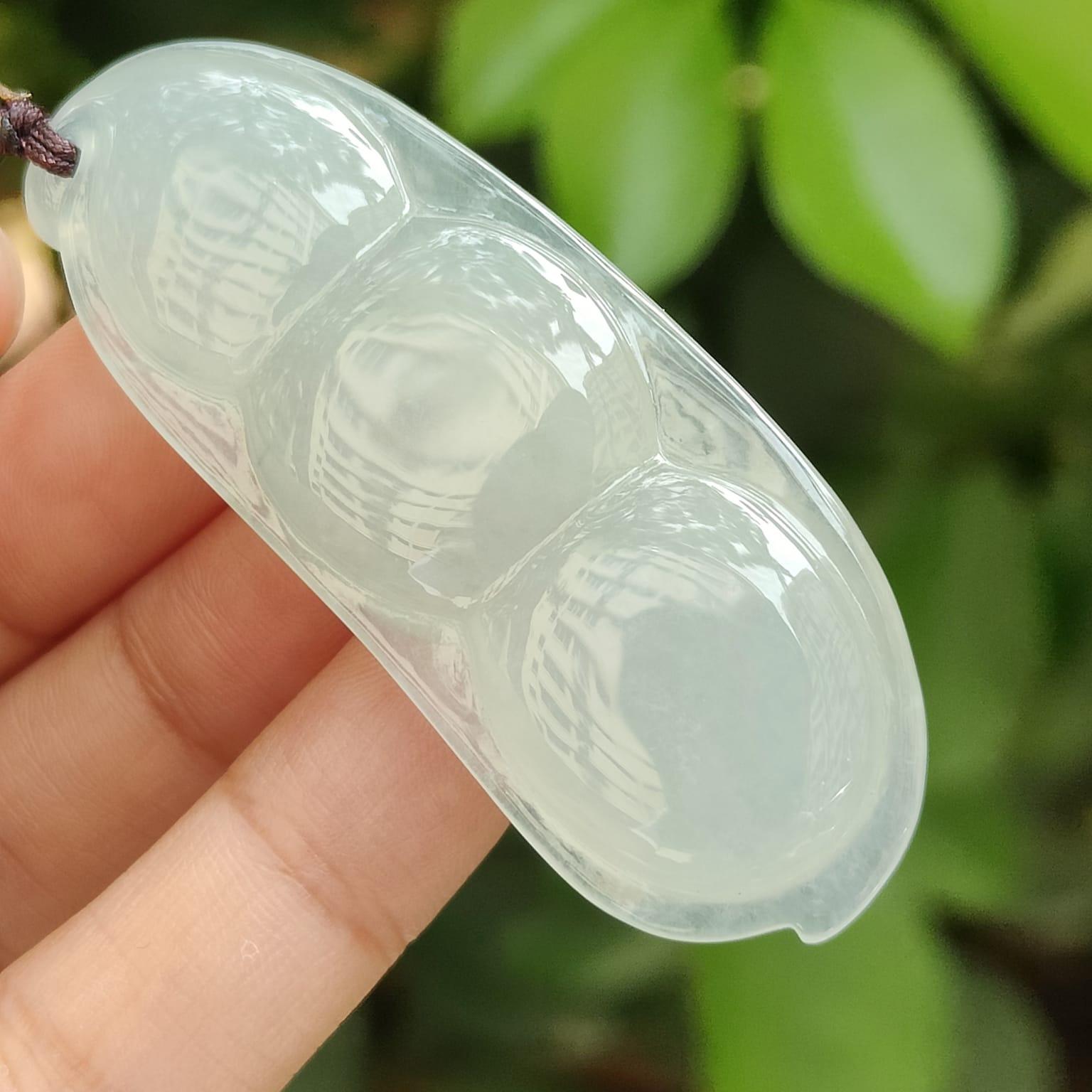 Bean with bat pendant crafted on Icy Translucent Natural Type A Jadeite Jade, certificate weighs 23.26 grams, measurement 56.3 * 22 * 10.7 mm (pendant394) Yi Pin Qian Jadeites Jade Jewelry ~Your Precious Quintessential ~ Singapore
