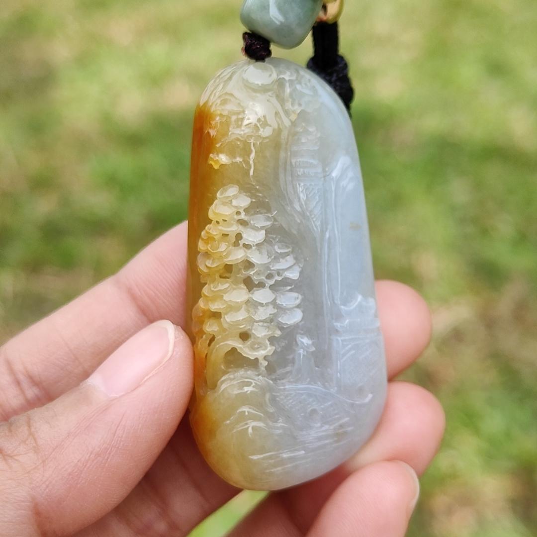 Beautifully crafted with sceneries on Yellow Natural Type A Jadeite Jade as a Pendant Necklace with certificate weigh 27.75 grams, measurement 52.1 * 25.7 * 12.7 mm (pendant206) Yi Pin Qian