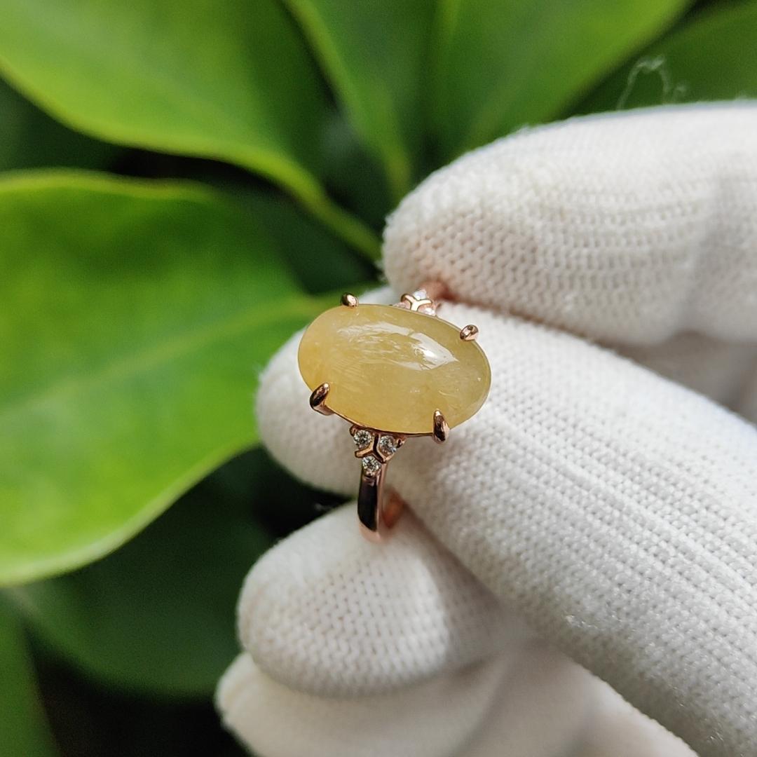 Yellow Cabochon Natural Type A Jadeite-Jade crafted as shape of oval set with size adjustable S925 Ring, certificate weighs 2.53 grams, measurement 13.3 * 9 * 3.2 mm (s925ring19) Yi Pin Qian Jadeites Jade Jewelry ~Your Precious Quintessential ~ Singapore