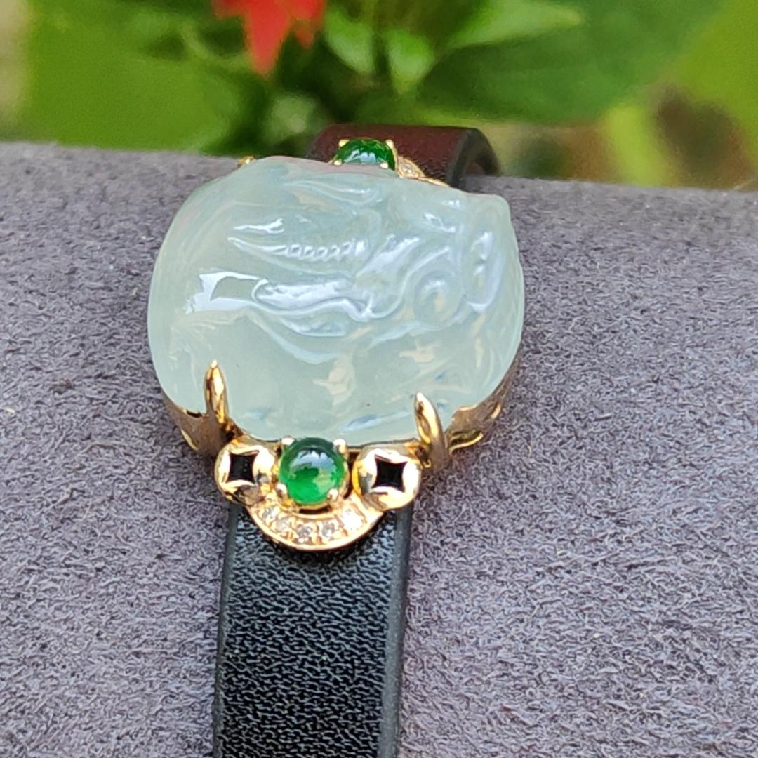 Light Green Hue Natural Type A Jadeite Jade crafted as Pixiu set on 18k Gold with 2 Green Cabochon and diamonds, adding PU wrist band upgraded elegant style bracelet, certificate weigh 4.44 grams, measurement 16.6 * 14.1 * 7.5 mm (18kpw1) Yi Pin Qian