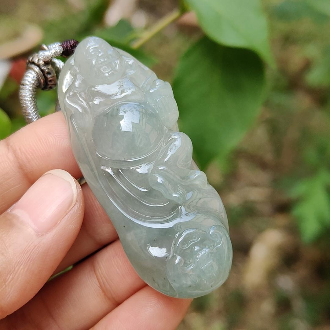 Premium Rare Semi Icy Natural Type A Jadeite Jade crafted with Milo Buddha as Pendant Necklace with certificate weigh 30.56 grams, measurement 56 * 23 * 12.8 (pendant207) Yi Pin Qian