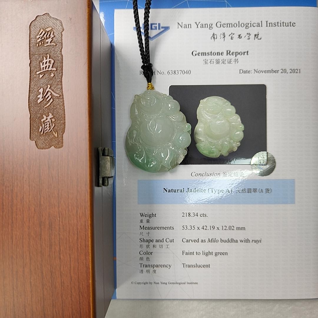 Natural Type A Jadeite Jewellery Pendant carved as Milo Buddha with Ruyi with Gemstone report from NGI weighs at 218.34 grams , 53.35 * 42.19 * 12.02 mm , Translucent with faint to light green with good translucency premium quality pendant (pendant156) Yi Pin Qian