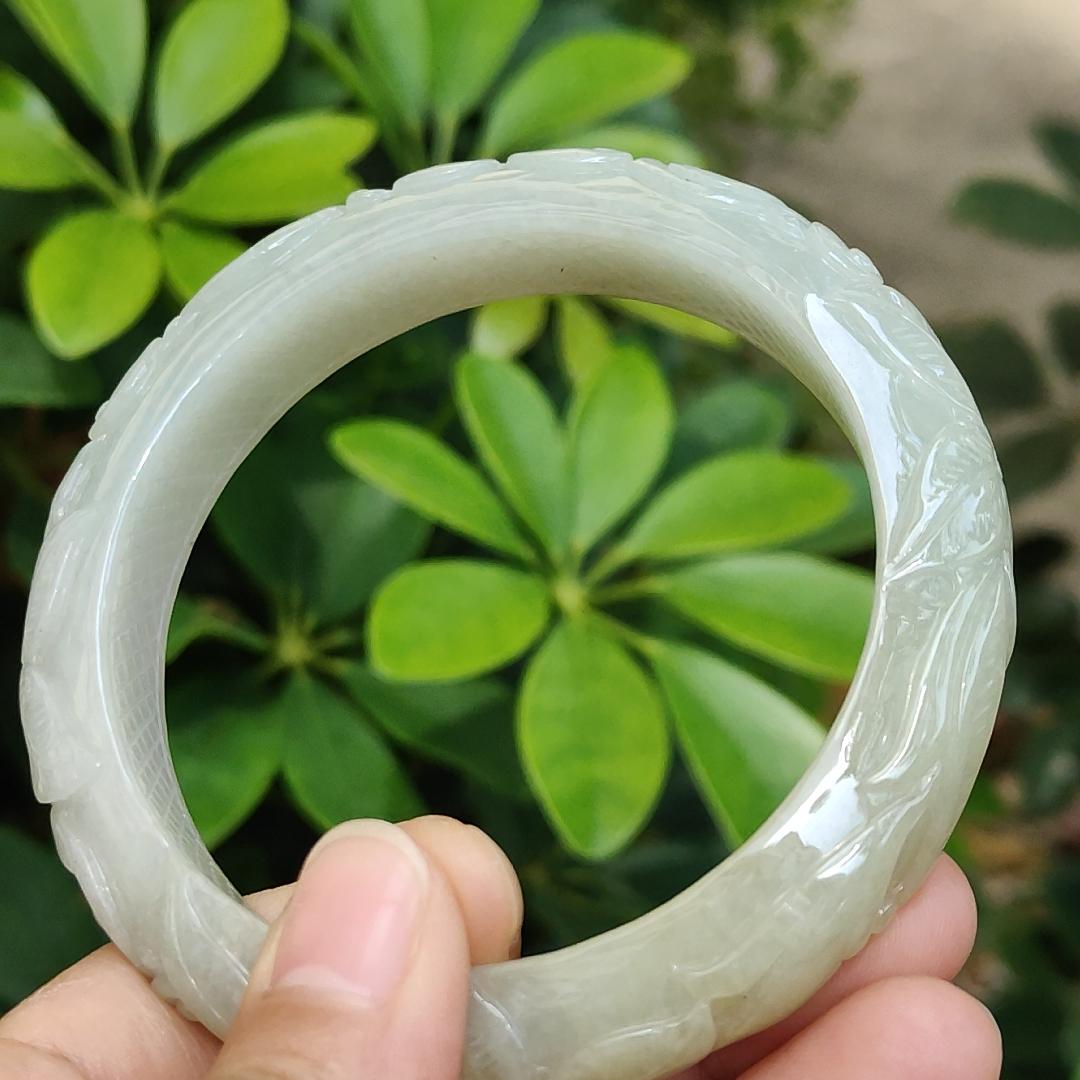 61.6 mm Crafted with patterns Peace Bangle Natural Type A Jadeite Jade certificate weighs 68.36 mm, Width 12.6 Thickness 9.6 mm (bangle24) Yi Pin Qian Jadeites Jade Jewelry ~Your Precious Quintessential ~ Singapore