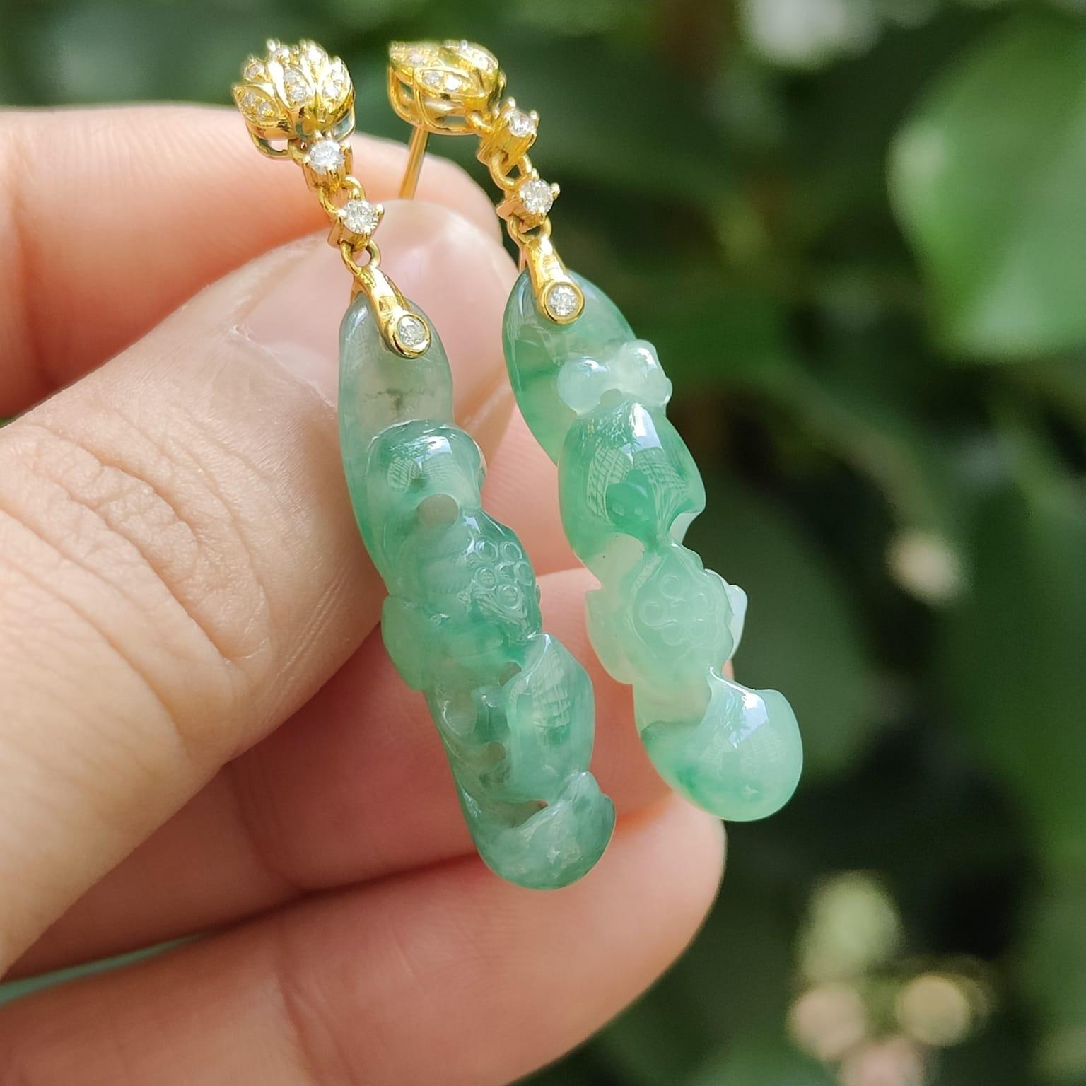 Icy Translucent Lotus Jadeite Stud Earrings – Natural Type A Jadeite, 18K with Diamonds, Symbol of Purity and Elegance (18k08) Yi Pin Qian Jadeites Jade Jewelry ~Your Precious Quintessential ~ Singapore