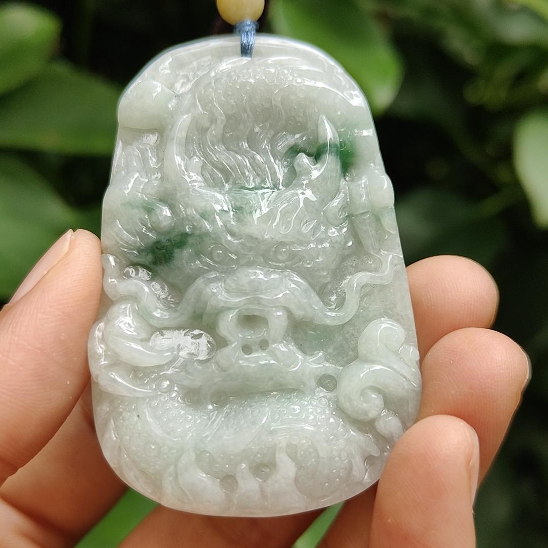 Green Floating Patches rare old-school Natural Type-A Jadeite-Jade crafted with traditional Dragon as Pendant, certificate weighs 34.91 grams, measurement 60.6 * 38.8 * 8.2 mm (pendant302) Yi Pin Qian Jadeites Jade Jewelry ~Your Precious Quintessential ~ Singapore