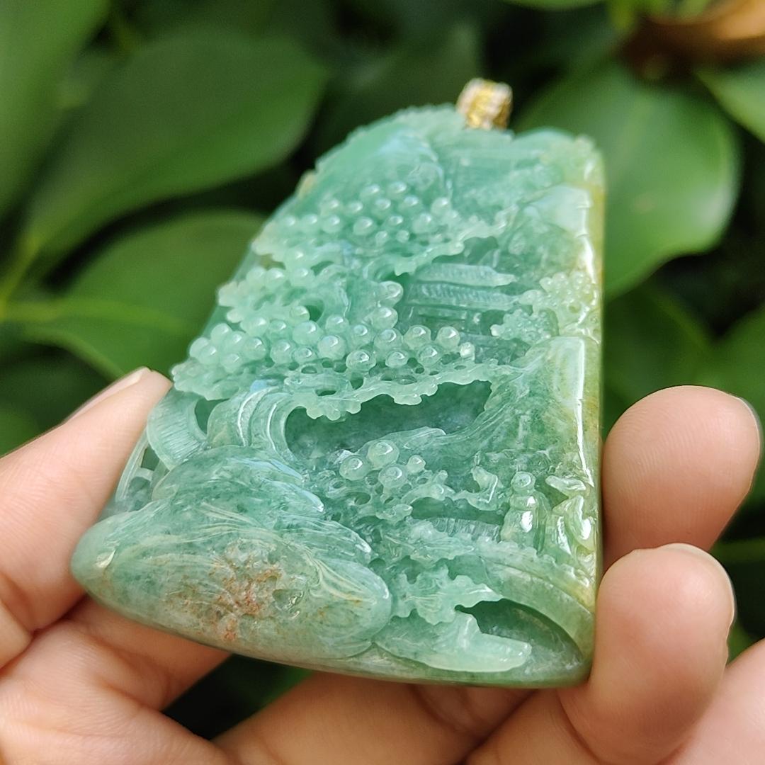 Big Jadeite-Jade, Green with Brown Natural Type A crafted with Sceneries as Pendant, Good for Fengshui, certificate weighs 76.47 grams, measurement 67.6 * 50 * 10.8 mm (pendant305) Yi Pin Qian Jadeites Jade Jewelry ~Your Precious Quintessential ~ Singapore