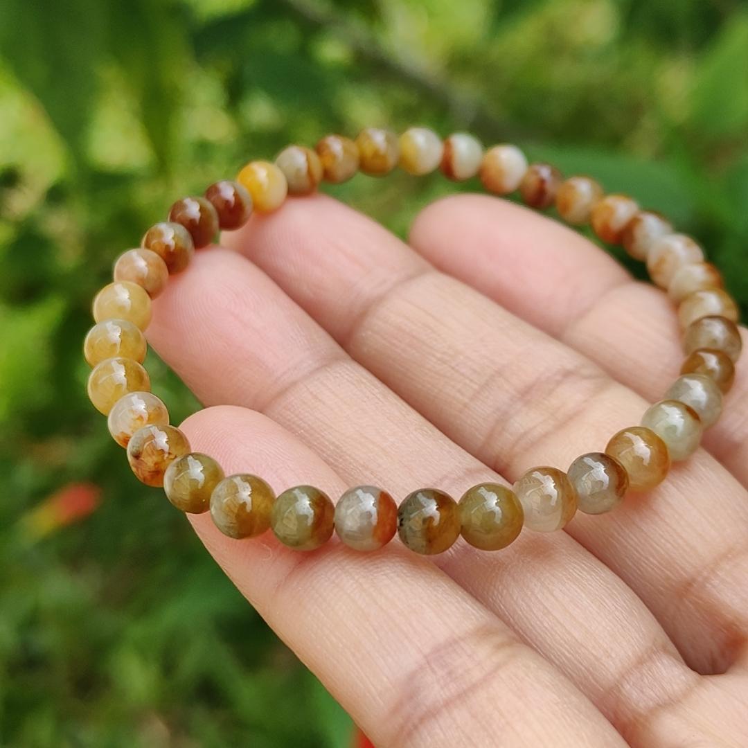 Elegant and Good Quality 5.3mm Icy Yellow, Red, Brown Natural Type A Jadeite Jade 36 Beads Bracelet with QIC labs approved certificate weigh 8.76 grams (bracelet13) Yi Pin Qian