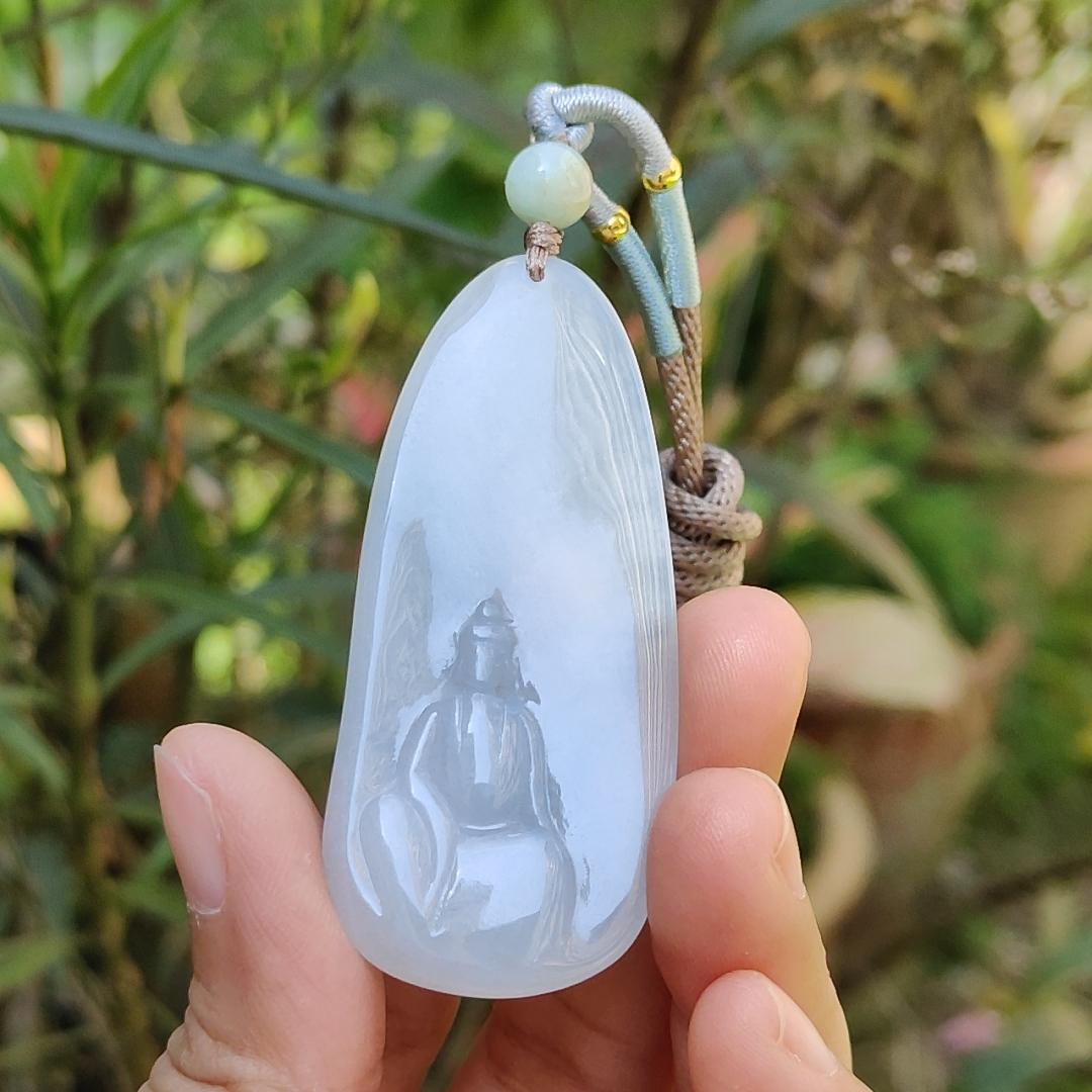 Crafted as the faceless buddha Semi Icy Natural Type A Jadeite Pendant Necklace with certificate weigh 14.03 grams, 58 * 26 * 4.9 mm, suitable for daily wear Yi Pin Qian