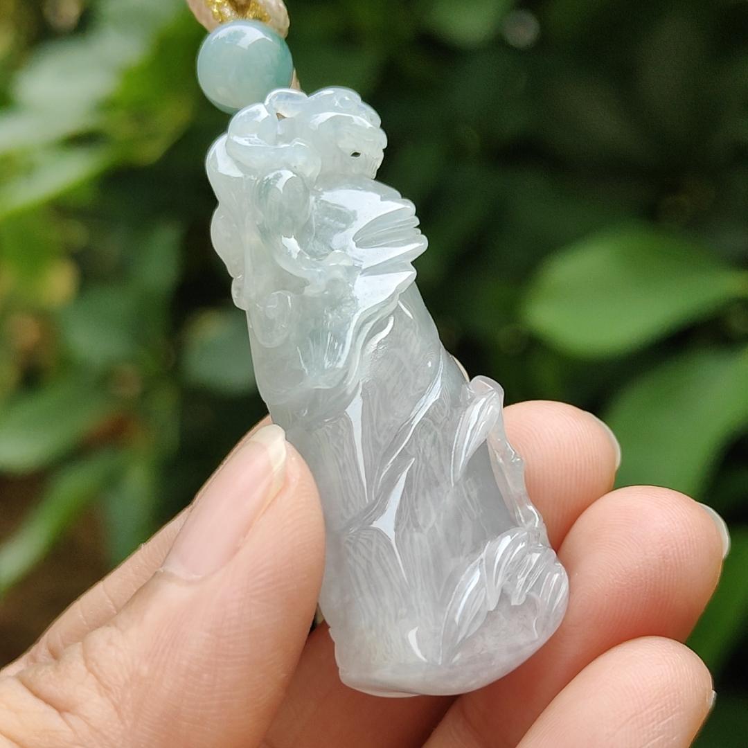 A Bamboo with Pixiu Crafted on Light Green Hue with Light Lavender Natural Type A Burmese Jadeite Jewellery certificate weighs 23.91 grams, measurement 50.3 * 20.6 * 12.8 mm (pendant 318) Yi Pin Qian Jadeites Jade Jewelry ~Your Precious Quintessential ~ Singapore