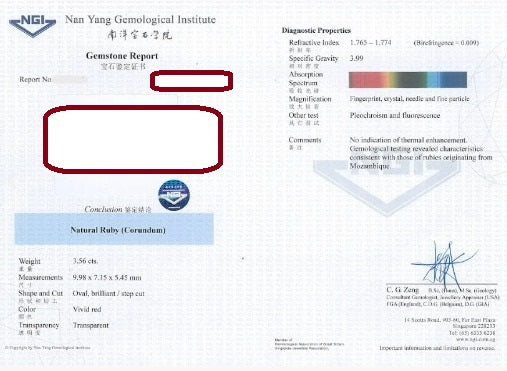 NGI Singapore Certification - For One Item Only Nan Yang Gemological Institute