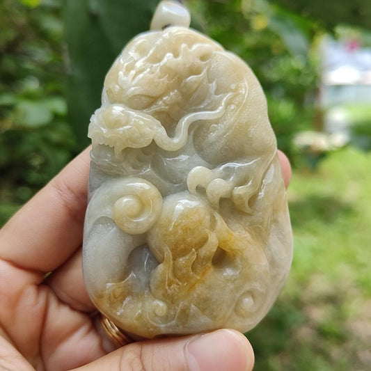 Natural Type A Jadeite with certificate Hugh Pendant carved as Dragon with Yellow weight 103.37 grams, 76.60 * 49.80 * 16.80 mm suitable for occasion wear or for collections (pendant124) Yi Pin Qian
