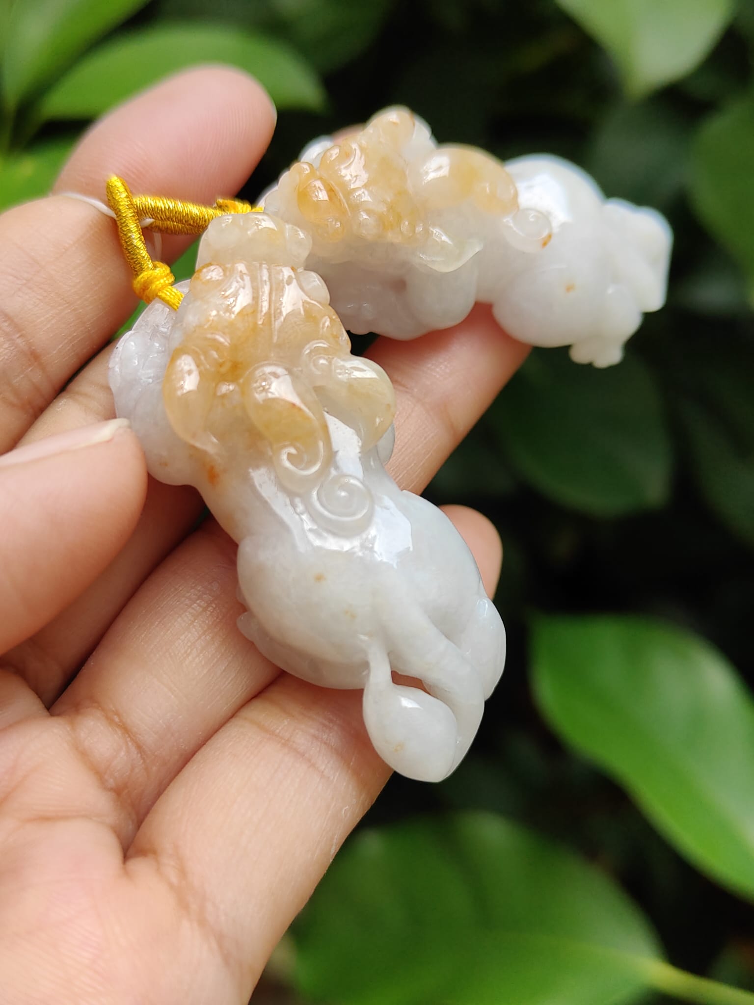 Sales - High Quality Pair of White, Yellow Natural Type A Jadeite Jade crafted as Pixiu for Pendant, certificate weighs 24.25 / 19.87 grams, measurements 50 * 21.3 * 14.1 / 47 * 20.6 * 13.6 mm (pendant292) Yi Pin Qian