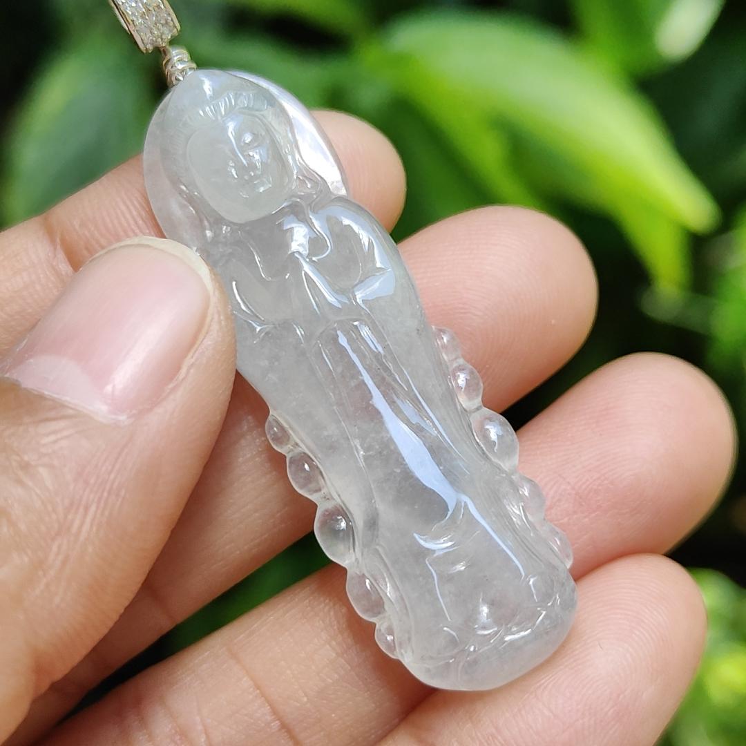 High Quality Icy Translucent Natural Type A Jadeite Jade crafted as Standing Guanyin, S925 clasp added as Pendant, certificate weighs 7.79 grams, measurement 45.7 * 14.8 * 6.3 mm (pendant269) Yi Pin Qian
