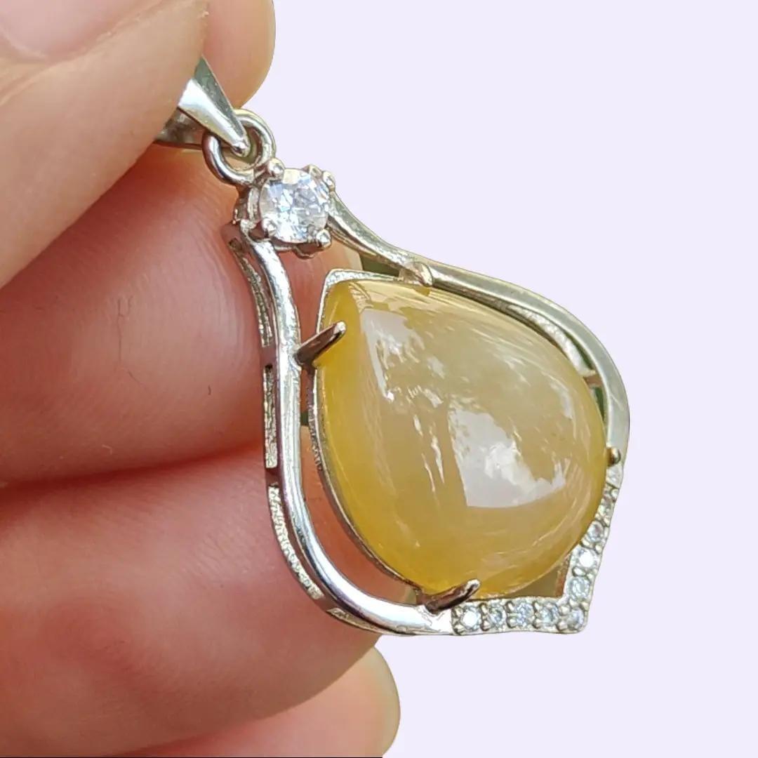 Yellow Water Drop Shape Cabochon Natural Type A Jadeite Jade set with S925 as Pendant certificate weighs 2.6 grams, measurement 14.7 * 12 * 4 mm (s925p5) Yi Pin Qian Jadeites Jade Jewelry ~Your Precious Quintessential ~ Singapore