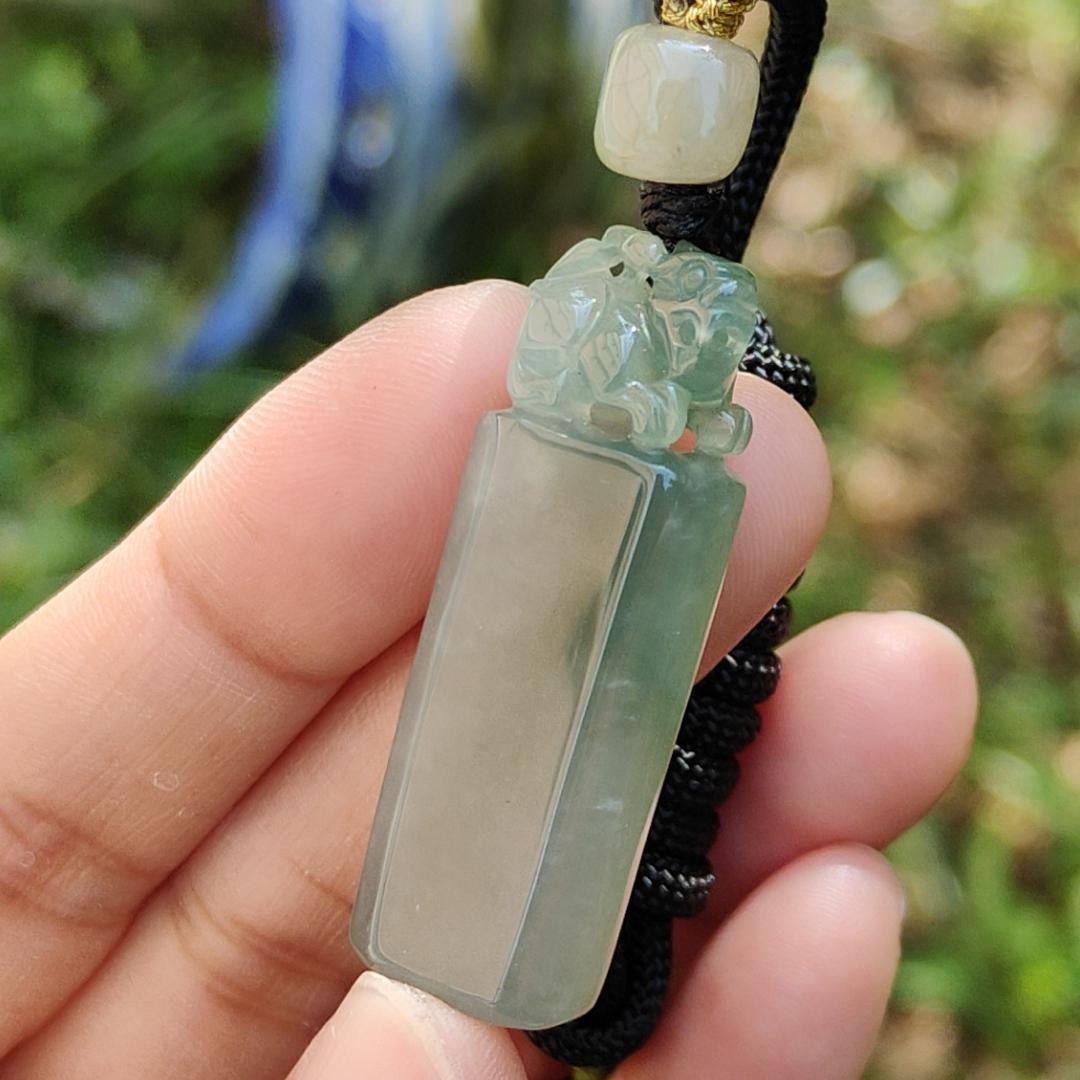 An Excellent Piece of Green Natural Type A Jadeite Pendant Necklace or Stamp crafted with Pixiu boosting Incoming Money and power with certificate weigh 13.16 grams, 41.2 * 13.6 * 8.7 mm , (pendant137) Yi Pin Qian